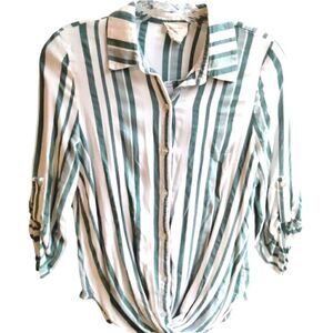 Harper Heritage Women's Shirt Size S White Green Stripes Twist Front